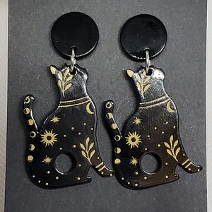 Handmade Black Cat Celestial Sun Moon Earrings